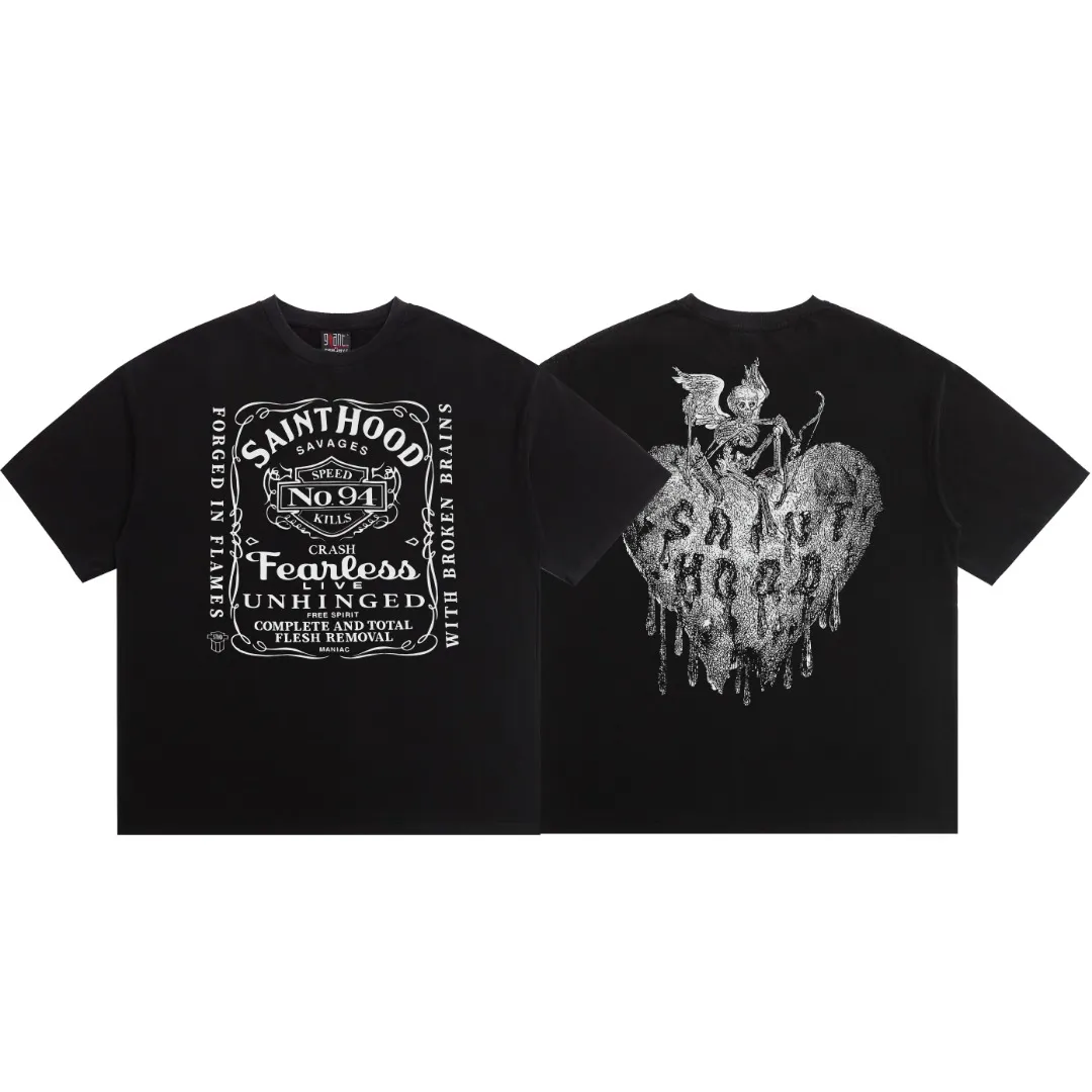 American-style Saint Michael letter print, vintage washed and distressed, loose round neck short sleeves, digital white ink direct spray, the fabric is breathable, and the pattern is three-dimensional and clear. Fabric: Double yarn 240g Style number: S865 Size: S-M-L-XL Color: Washed black Price: P118